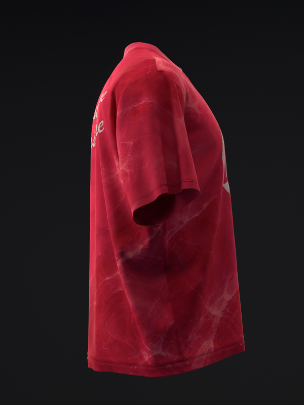 Red bowling jersey with light text on left sleeve, side view