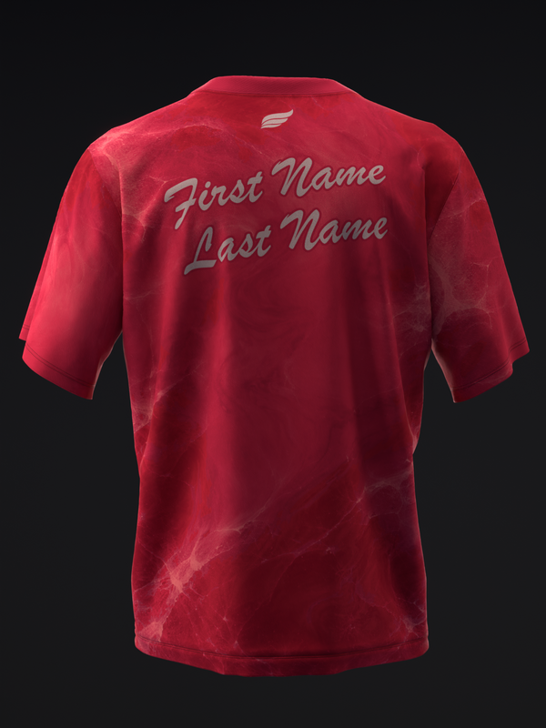 Red bowling jersey back view with gray script name personalization