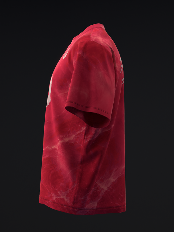 Red bowling jersey with subtle textured pattern, side view against dark background