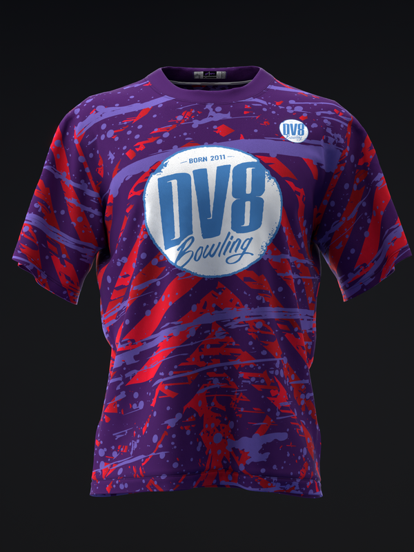 Purple and red splatter pattern bowling jersey with white DV8 logo circle front view