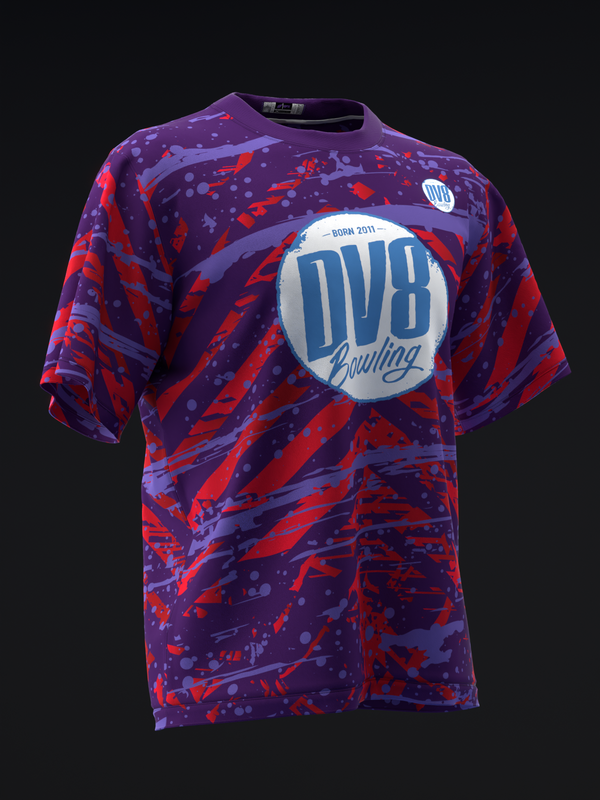 Purple and red splatter pattern bowling jersey with DV8 logo front view