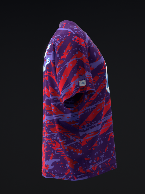 Purple and red abstract patterned bowling jersey, side view