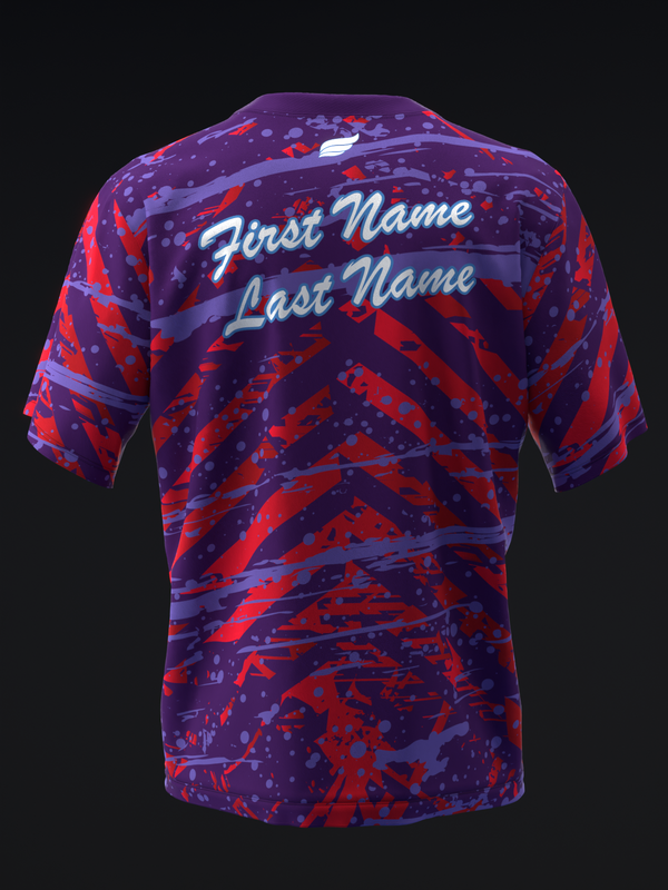 Purple and red splatter pattern bowling jersey with white italic name text on back