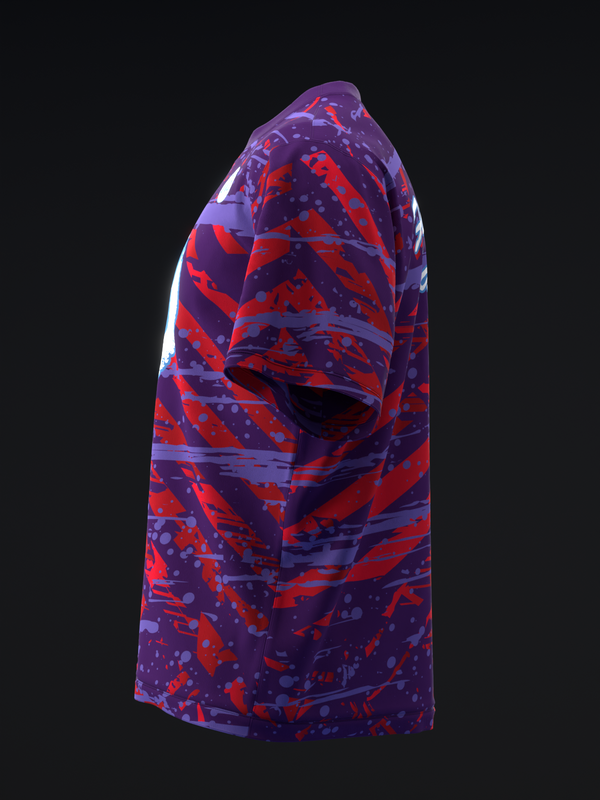 Purple and red abstract splatter bowling jersey, side view