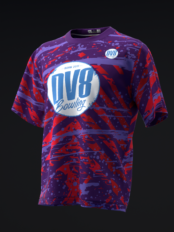 Purple and red spatter pattern bowling jersey with DV8 logo circle front view