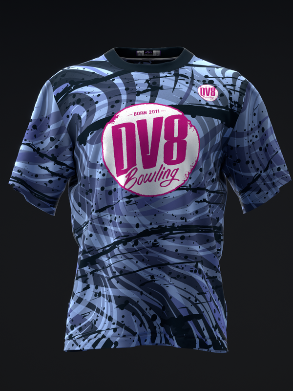 Front view of blue digital camo bowling jersey with large pink DV8 logo