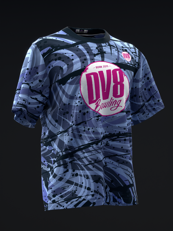 Light blue and navy abstract pattern bowling jersey with large magenta DV8 logo, front view
