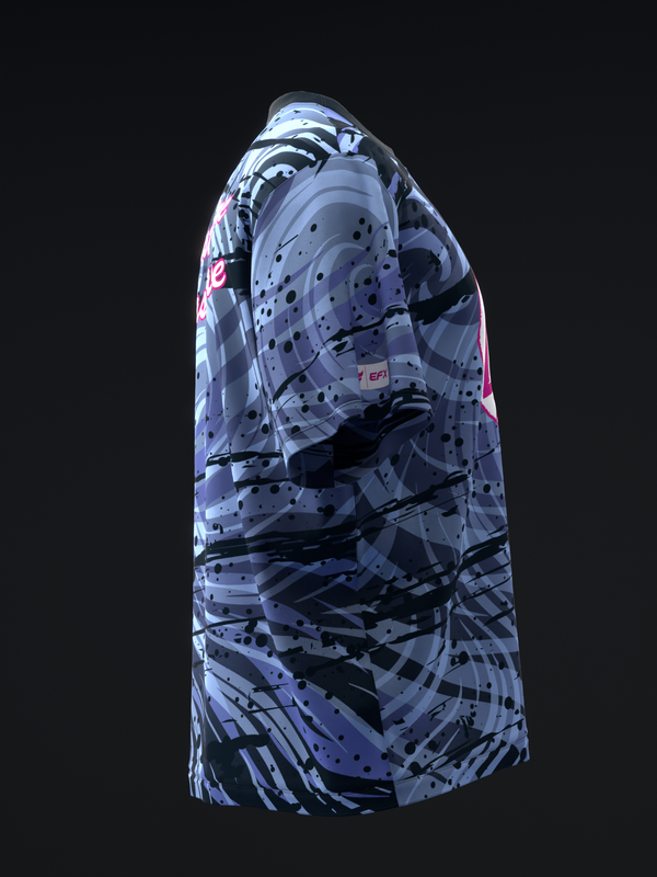 DV8 bowling jersey with blue and black abstract geometric print, side view
