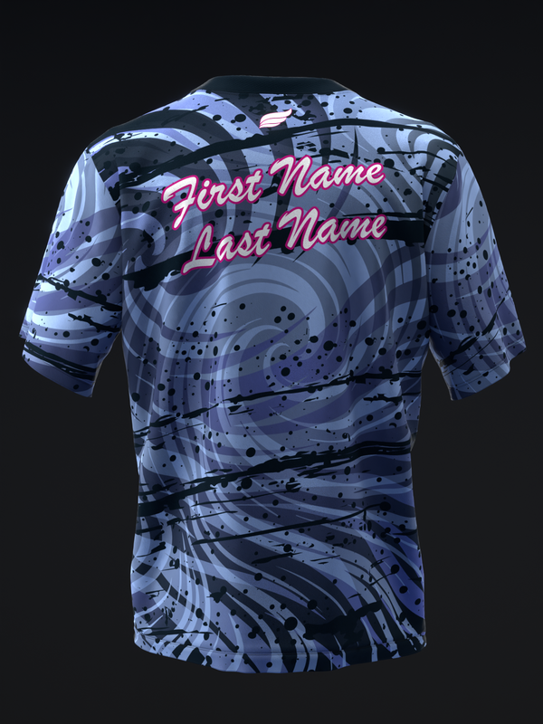 Bowling jersey back view with blue abstract pattern and pink script text