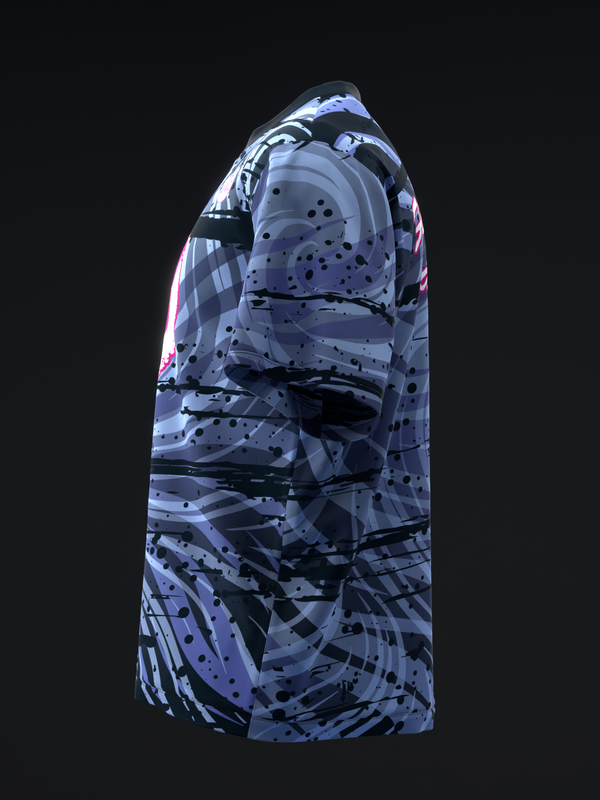 Light blue bowling jersey with black abstract geometric pattern and dots, side view