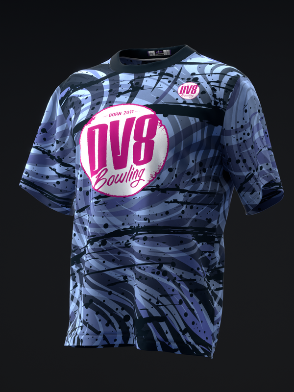 Light blue and black abstract patterned bowling jersey with pink DV8 logo
