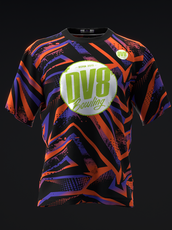 Black bowling jersey with orange, purple, and blue abstract geometric pattern and lime green DV8 logo