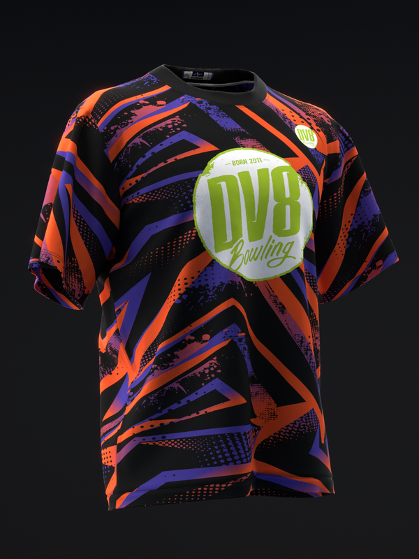 Black bowling jersey with orange, purple and lime geometric pattern and DV8 graphic