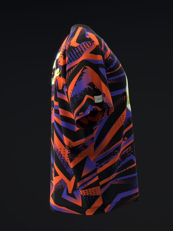 Bowling jersey with bold orange, purple, and black geometric pattern, side view