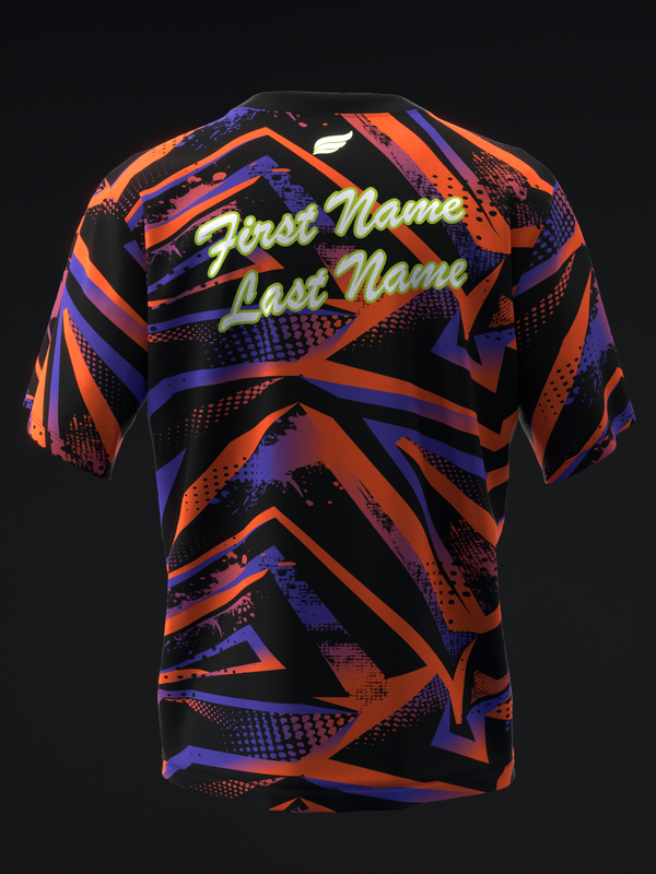 Black bowling jersey with orange and purple geometric pattern and customizable name text