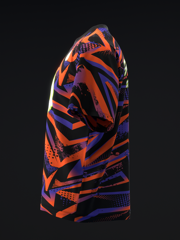 Black bowling jersey with bold orange and purple geometric stripe pattern