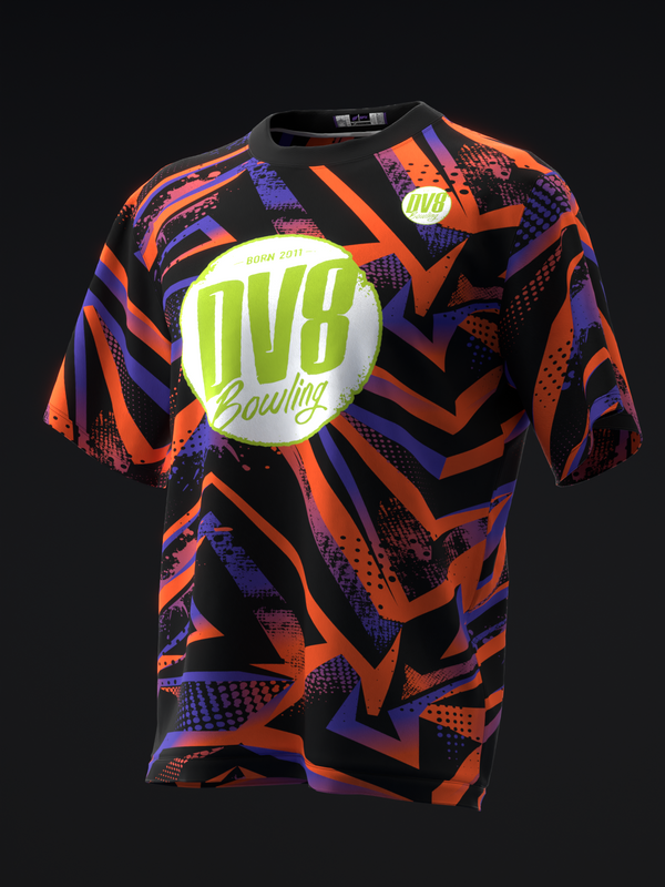 Black bowling jersey with orange, purple, and lime geometric pattern and circular DV8 logo