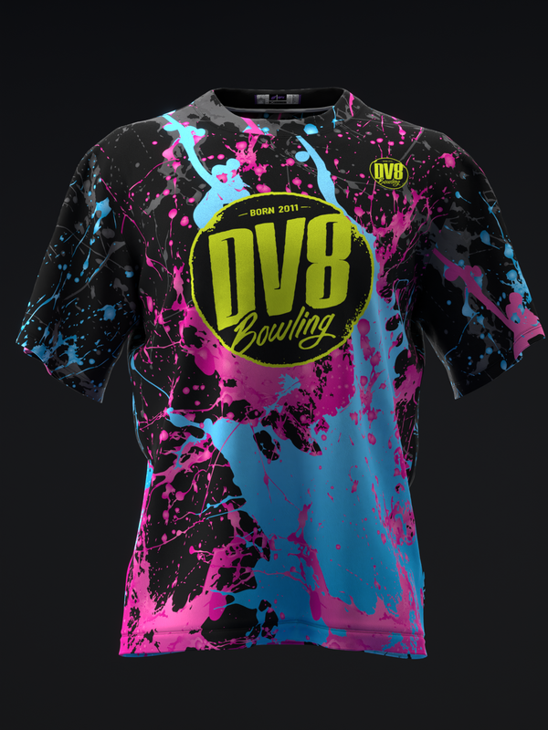 Black bowling jersey with neon yellow DV8 logo and pink and blue paint splatter design