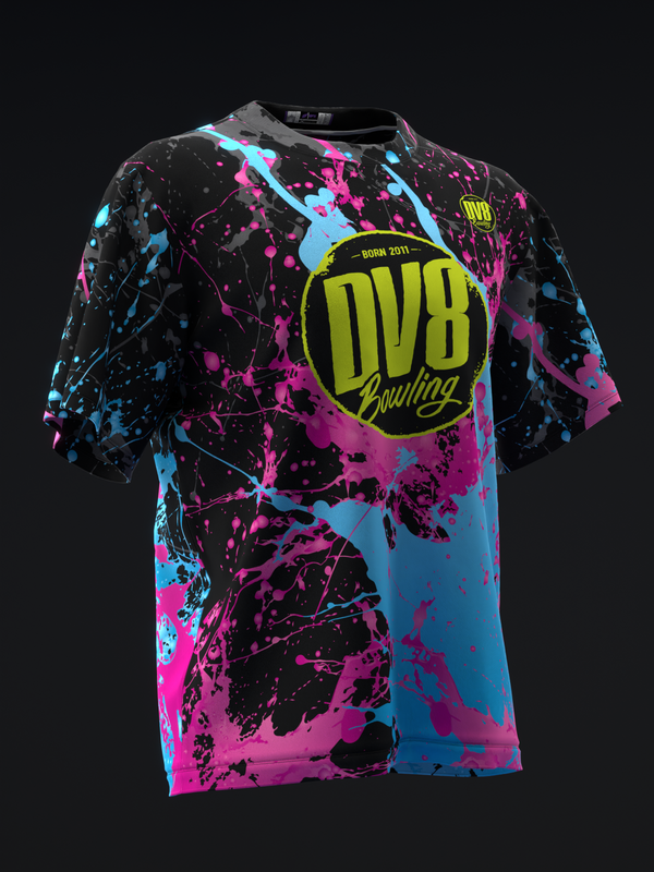 Black bowling jersey with magenta, cyan, and yellow paint splatter design and circular logo