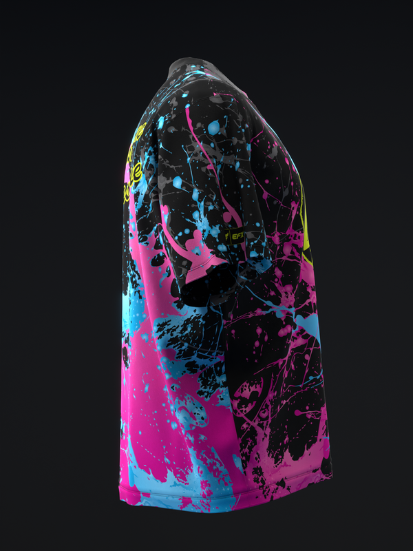 Black bowling jersey with neon pink, cyan, and yellow paint splatter design, side view