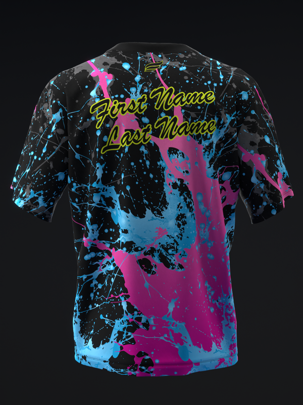 Black bowling jersey with cyan and magenta paint splatter pattern and yellow text
