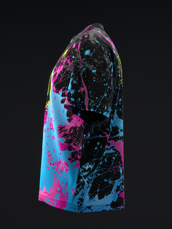 Black bowling jersey with cyan, magenta, and yellow paint splatter design, side view