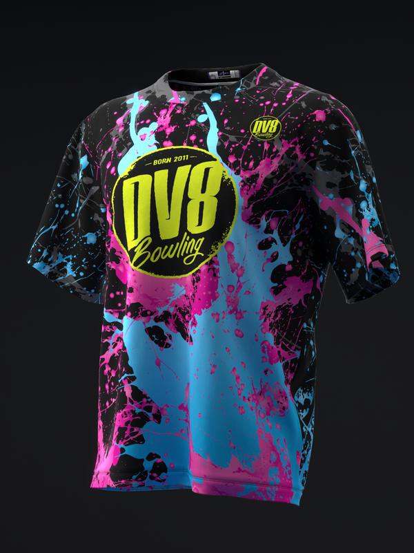 Black bowling jersey with neon yellow circular logo and vibrant splatter pattern in magenta and cyan