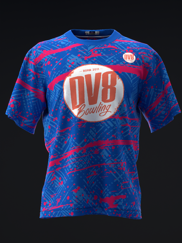 Blue and red bowling jersey with DV8 graphic and geometric pattern