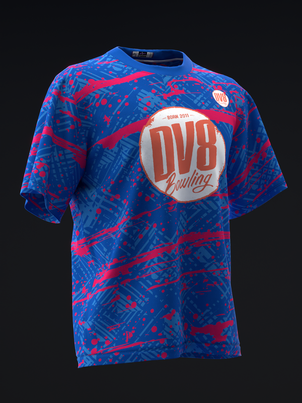Blue bowling jersey with red abstract pattern and DV8 Bowling circular graphic
