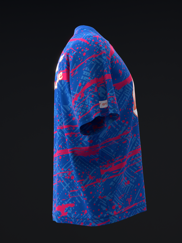 Blue bowling jersey with red geometric and abstract pattern, back view