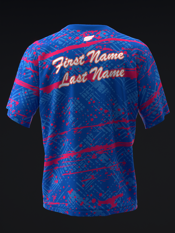 Blue bowling jersey with red diagonal stripes and geometric pattern, back view with personalization text