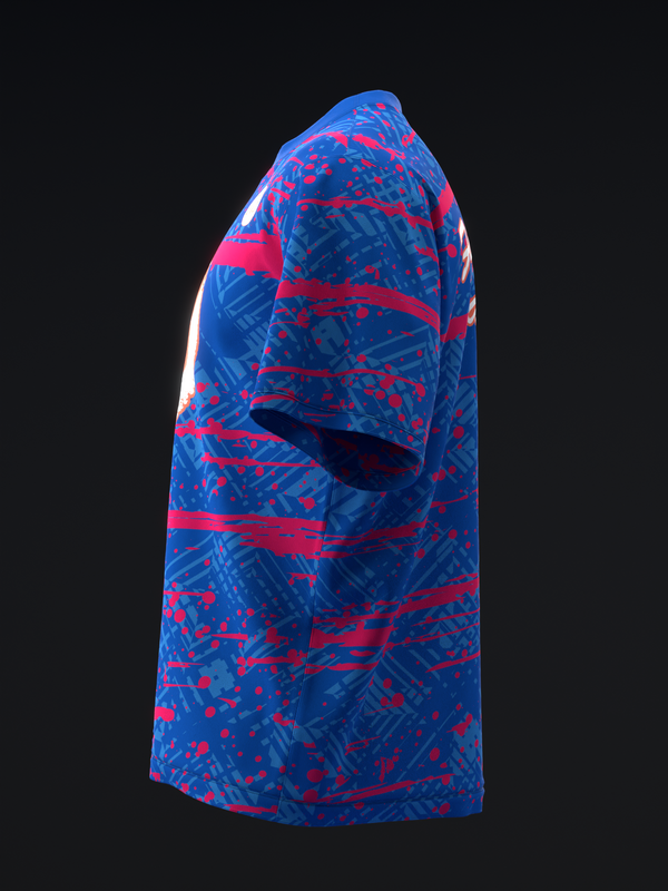 Blue and red bowling jersey with abstract splatter and geometric pattern, side view