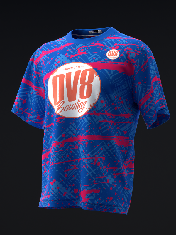 Blue bowling jersey with red splatter pattern and circular DV8 logo graphic