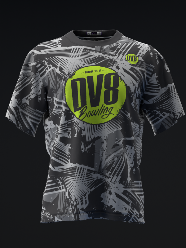 Gray and black geometric patterned bowling jersey with neon yellow circular logo front view