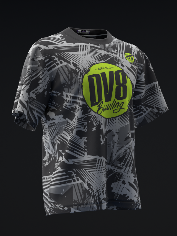 Black and gray bowling jersey with lime green circular DV8 logo on front