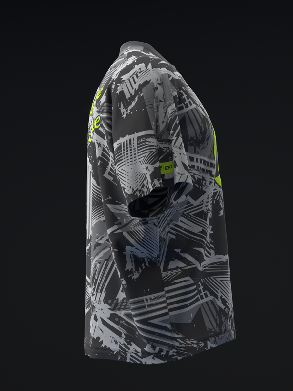 Black bowling jersey with gray and neon yellow geometric pattern, side view