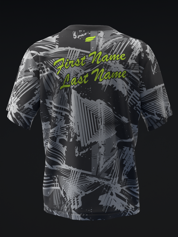 Black bowling jersey with gray geometric pattern and neon yellow name text, back view