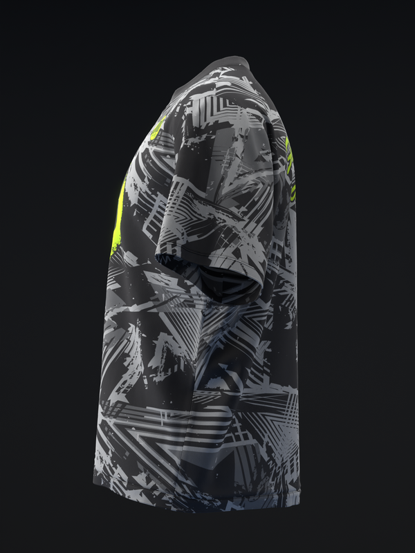 Black bowling jersey with gray and white abstract geometric pattern and neon yellow trim