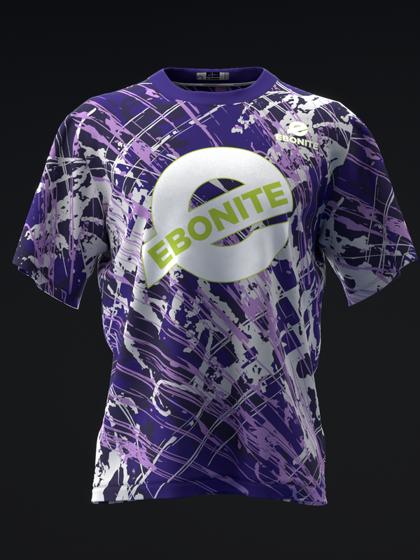 Purple and white bowling jersey with Ebonite logo and abstract splatter design, front view