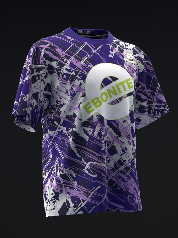 Purple bowling jersey with abstract white and gray splatter pattern and Ebonite logo
