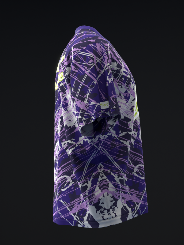 Purple bowling jersey with abstract white and yellow splatter graphic pattern, side view