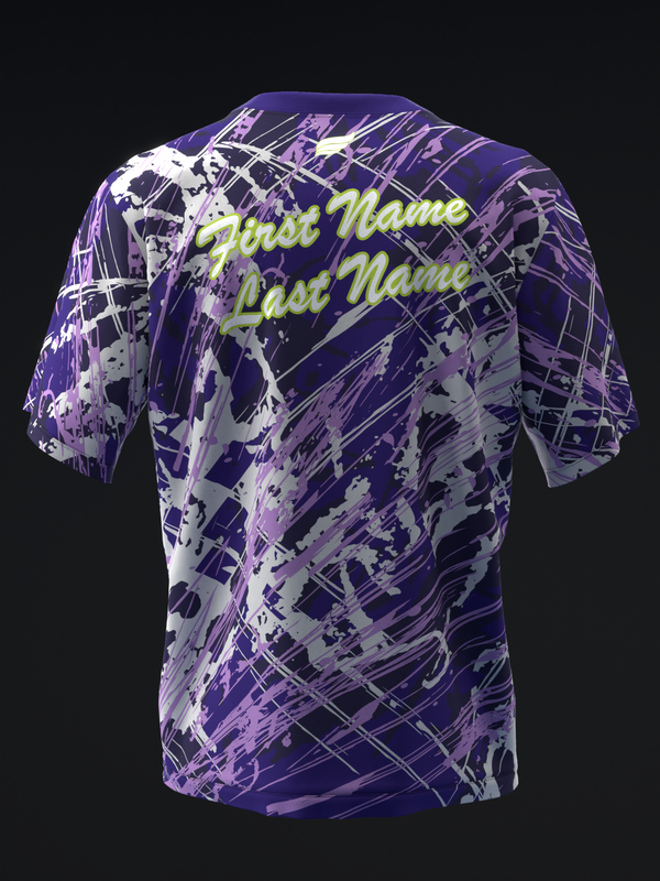 Purple and white abstract patterned bowling jersey with yellow script text, back view