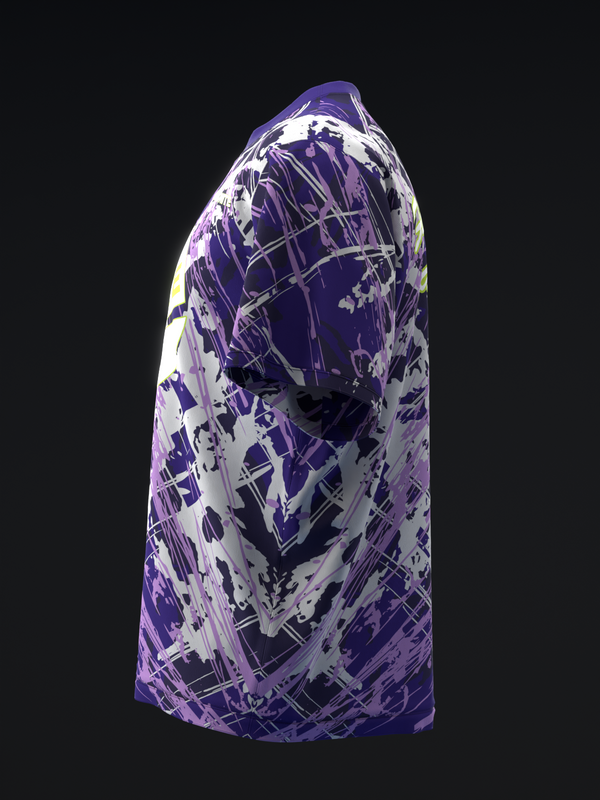 Purple and white bowling jersey with abstract splatter and line pattern design