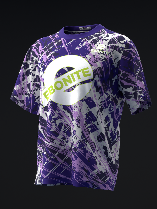 Purple and white bowling jersey with abstract graphic and lime Ebonite logo