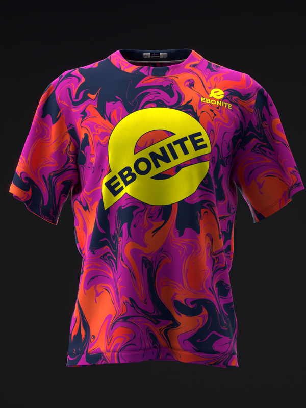 Front view of bowling jersey with vibrant pink, purple, orange abstract swirl pattern and yellow circle Ebonite logo graphic
