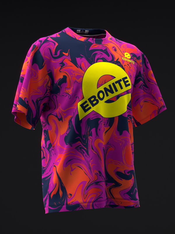 Front view of colorful abstract swirl bowling jersey with large yellow circle graphic