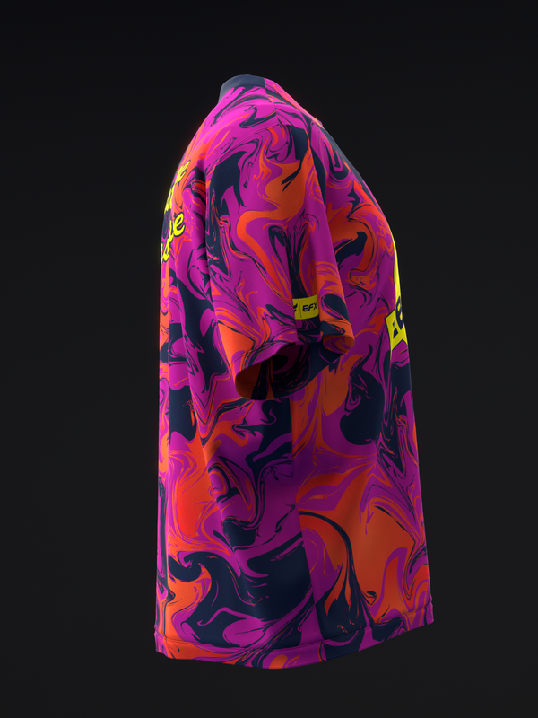 Bowling jersey with abstract swirl pattern in magenta, orange, purple, and black