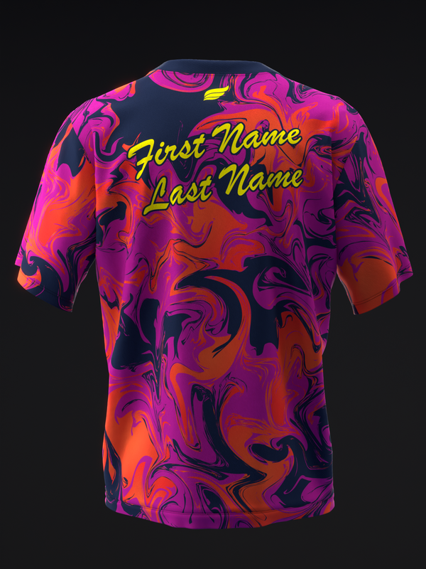 Back view of bowling jersey with vibrant swirled purple, pink, orange, and black pattern, yellow personalization text