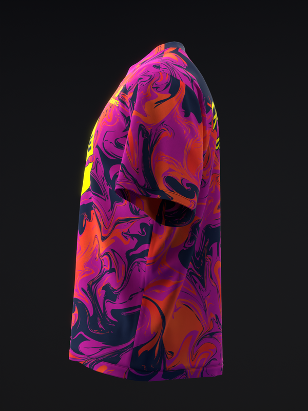 Vibrant bowling jersey with swirled abstract pattern in magenta, orange, and black