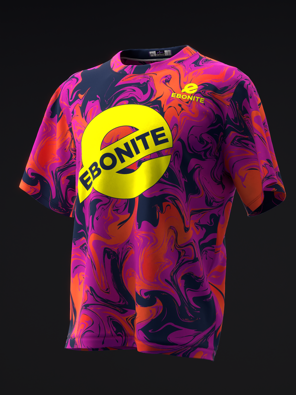 Bowling jersey with vibrant neon pink and orange swirl pattern and yellow Ebonite logo